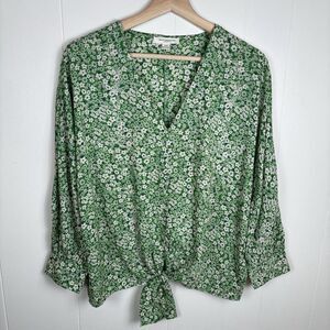 Beach Lunch Lounge Green Floral Tie Waist Blouse Women's Small Button‎ Sleeve
